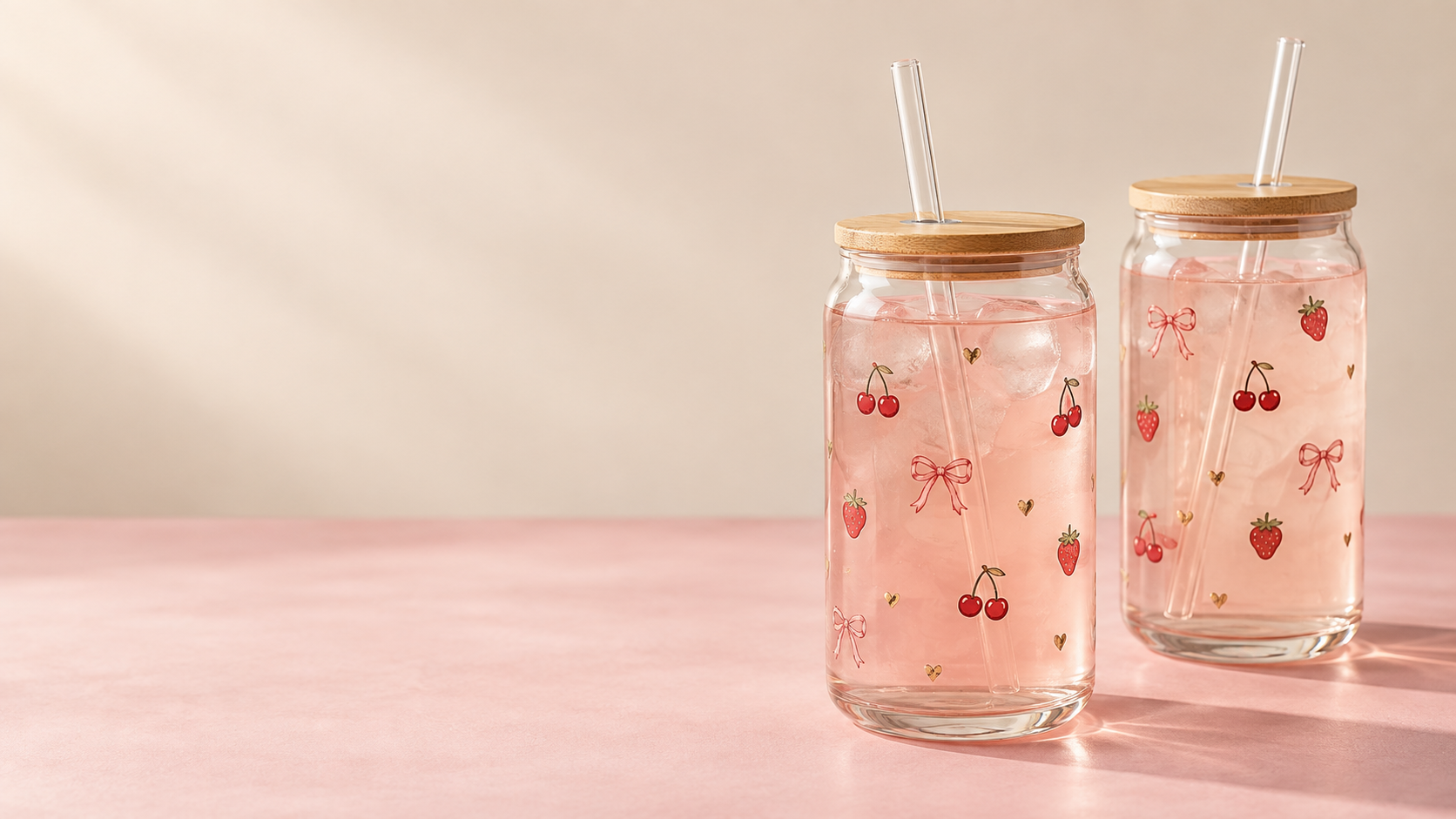 Deux verres VIC & CO. décorés de boucles, cerises, fraises et petits cœurs